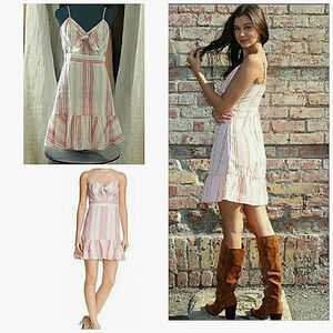 Retro Linen Rockabilly Babydoll Striped Coastal Brunch Mini Going Out Dress